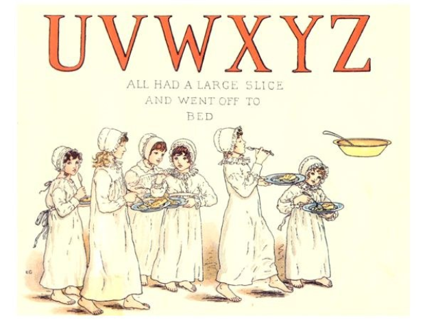 Gruppe von Menschen mit Tellern mit Essen, einer Schüssel und Löffel auf der rechten Seite, mit Text oben lesend "Uwxyz - Alle hatten eine große Scheibe und gingen ins Bett."