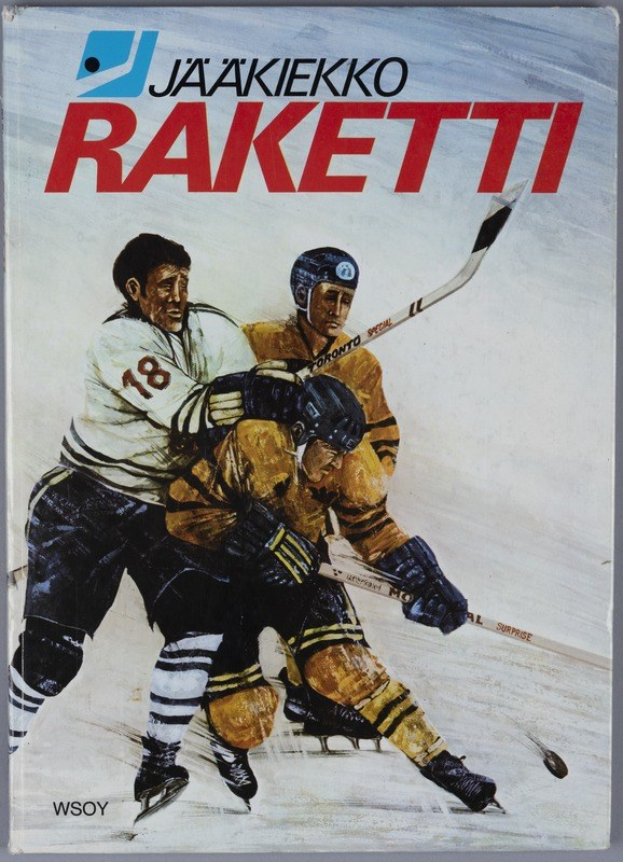 Buchumschlag mit dem Titel "Jääkiekko Raketti", der drei Menschen beim Eishockeyspielen mit Hockeystöcken auf einer flachen Oberfläche zeigt.