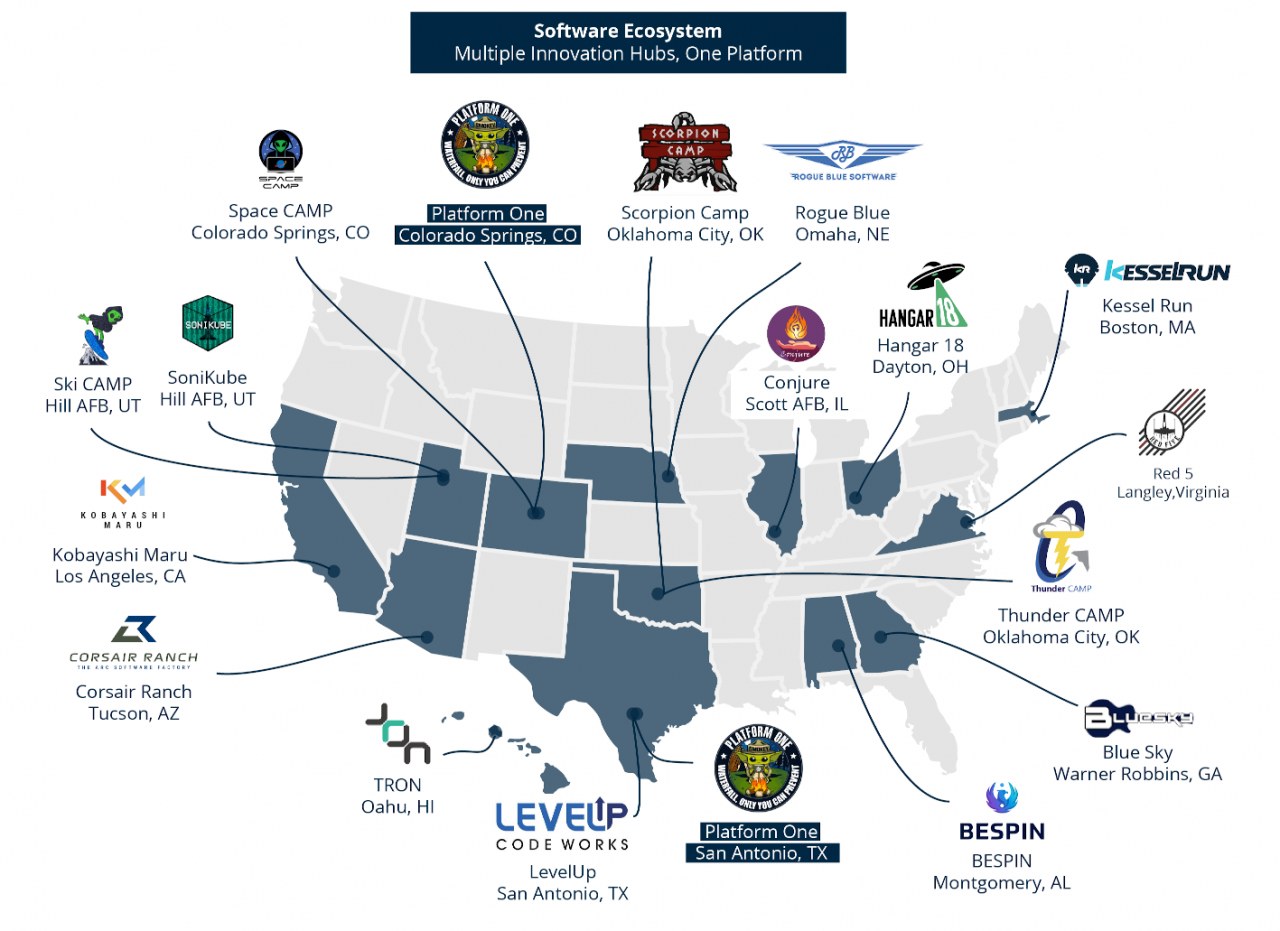 Eine Karte der Vereinigten Staaten, auf der Unternehmenslogos und Texte die Standorte von Software-Ökosystem-Geschäften markieren.