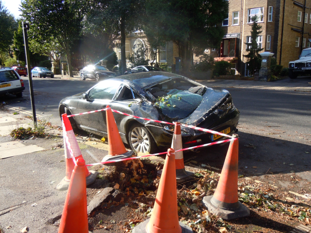 Ein besch├Ądigtwagen am Stra├čenrand umgeben von orangen Verkehrskegeln, mit B├Ąumen, Geb├Ąuden und einem klaren blauen Himmel im Hintergrund.