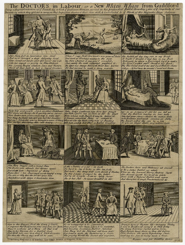 Papierillustration mit Ärzten in Arbeit oder ein neuer Wham aus Guildford, mit einem Arzt im Kittel, einer Krankenschwester in einem Kleid und einem Patienten in einem Krankenhausbett, begleitet von beschreibendem Text.