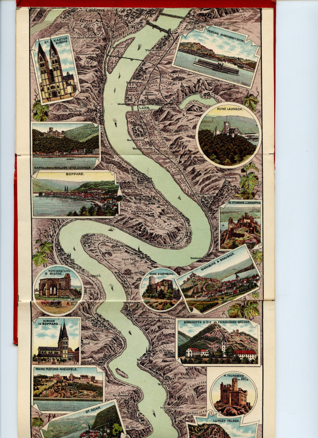 Alte Karte des Rheins in Deutschland in einem klassischen Photo-Rahmen umgeben von Illustrationen von Gebäuden, Bäumen und Wasser.