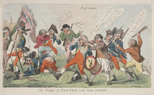 Cartoon-Illustration auf Papier, die militärische Männer zeigt, einige bewaffnet, einer mit einer Trommel, betitelt "Die Frustration von Nantes oder die Vision Interprecedent."