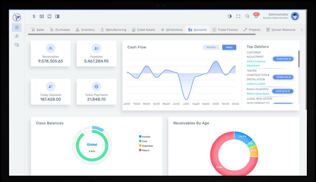 Laptop-Bildschirm mit einer Finanzmanagement-Dashboard-Ansicht mit Graphen und Text auf einem weißen Hintergrund mit einer blauen Kopfzeile.