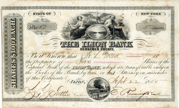 Altes Aktienzertifikat mit einem Mann und einer Frau, auf dem der Bankname und das Ausstellungsdatum gedruckt sind.