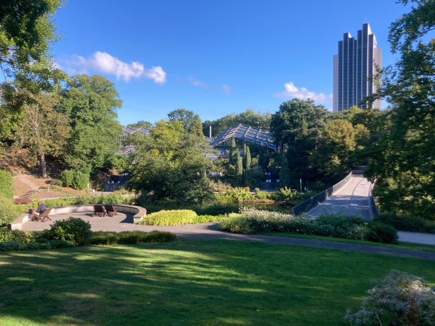 Ein Park mit grünem Gras, Bäumen, Pflanzen, Blumen, Bänken und einem Weg, mit Gebäuden und einem bewölkten Himmel im Hintergrund.