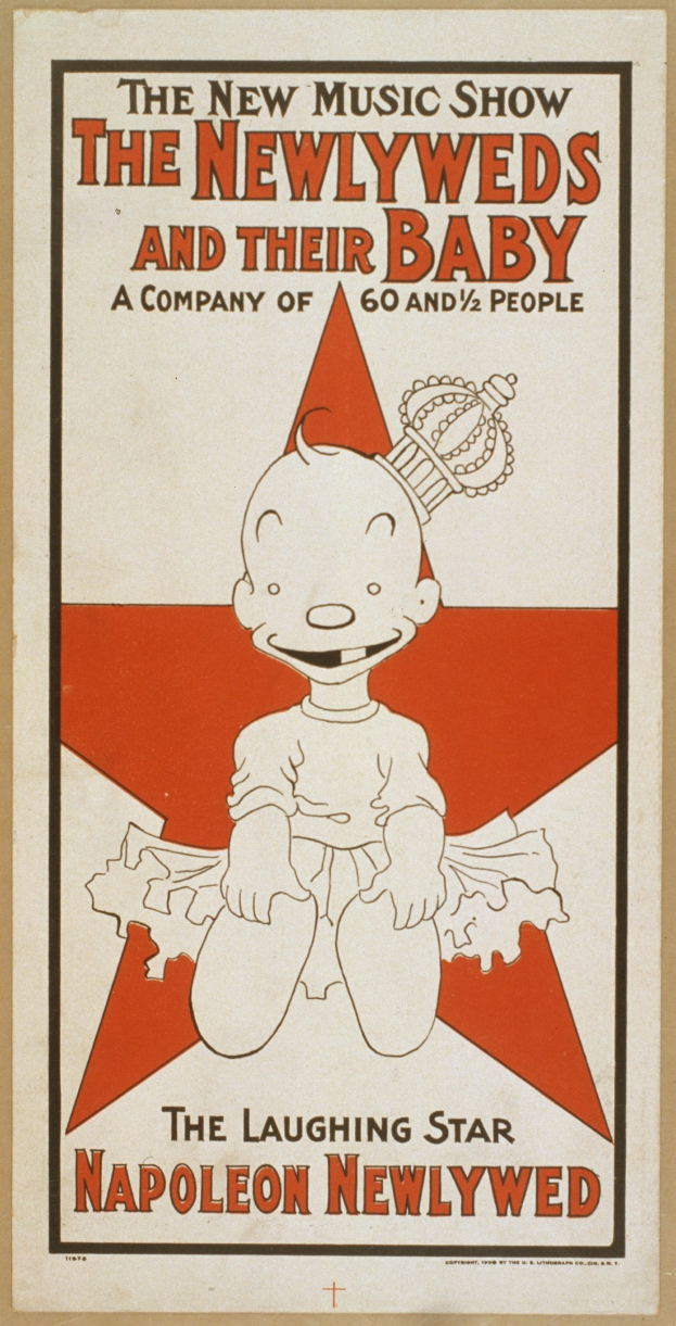 Plakat für "The New Music Show: The Newlyweds and Their Baby" mit einer Cartoon-Baby in einem weißen Body mit einer pinken Krawatte, das gegen einen hellblauen Hintergrund mit verstreuten Sternen lächelt.