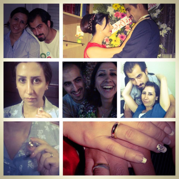 Ein Collage mit einem Mann und einer Frau mit Eheringen, umgeben von Blumenarrangements und Dekorationsgegenständen.