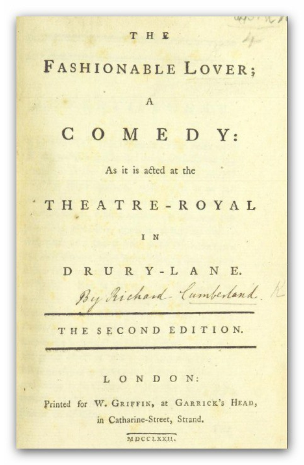 Titelblatt des Stücks "The Fashionable Lover: A Comedy as it is acted at the Theatre-Royal in Drury Lane" auf weißem Hintergrund.