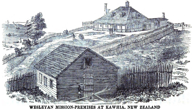 Plakatillustration der Wesleyanischen Missionsstation in Kawhiwa, Neuseeland, das ein umzüntes Haus mit umliegender Vegetation und Menschen im Vordergrund und Text unten zeigt.
