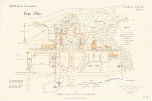 Ein detaillierter Stadtplan von Köln, Deutschland, mit einer handgezeichneten Gebäude-Skizze und begleitendem Text über die Geschichte, Kultur und Sehenswürdigkeiten der Stadt.
