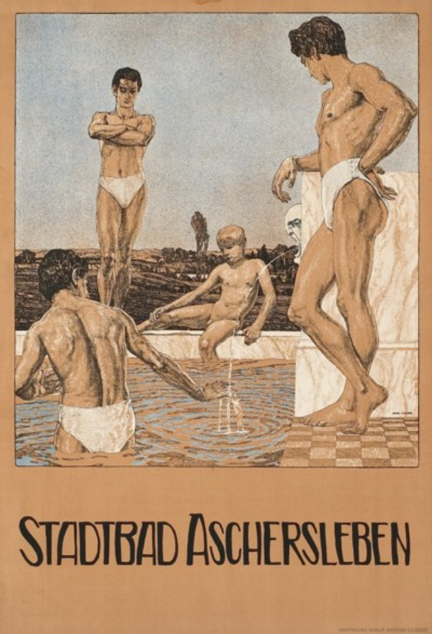 Ein Plakat für ein Schwimmbad in Aschersleben, Deutschland, das Menschen im Wasser zeigt, darunter einen sitzenden, neben Text über die Einrichtungen des Bades.