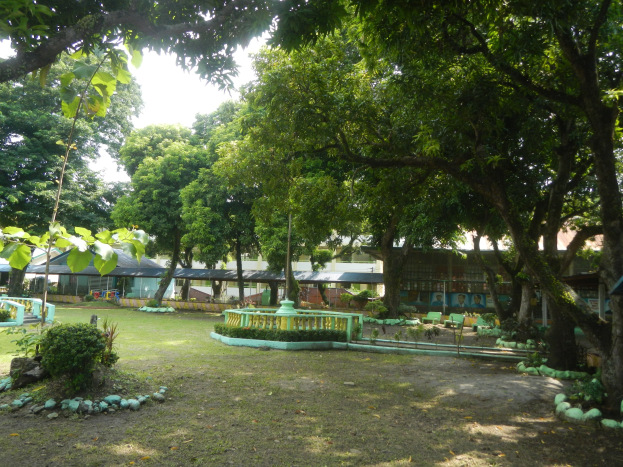 Ein Park mit grünem Gras, Pflanzen, Bäumen und einem zentralen Brunnen, umgeben von Gebäuden unter einem klaren blauen Himmel.