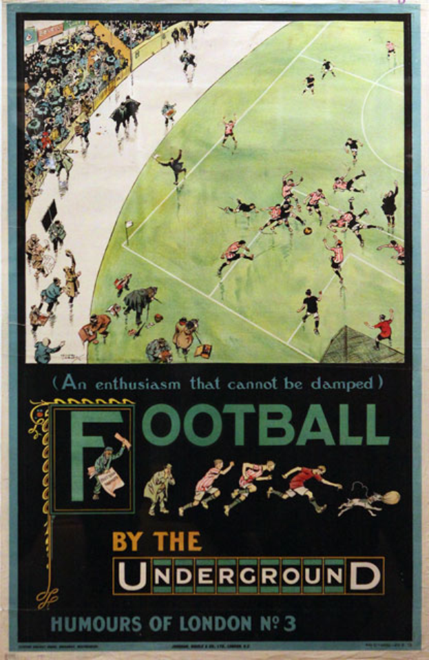 Ein Vintage-Plakat, das ein Fußballspiel mit dem Titel "Fußball unter der Erde - Humor von London Nr. 3" ankündigt, zeigt eine Zuschauermenge in einem Stadion.