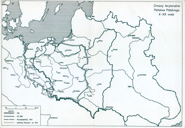 Ein Plakat mit einer Karte von Polen und dem Umfang des polnischen Reichs, versehen mit Text und Zahlen, die die Region erläutern.