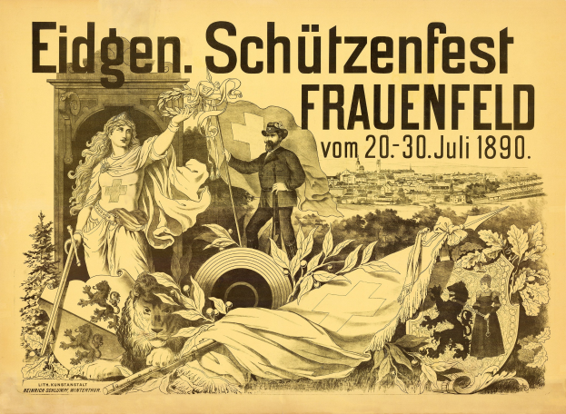 Alter Plakatentwurf für das Eidgenössische Schützenfest in Frauenfeld, Deutschland, der einen Mann in einem Anzug und eine Frau in einem Kleid zeigt, die nebeneinander stehen, mit Veranstaltungstexten.