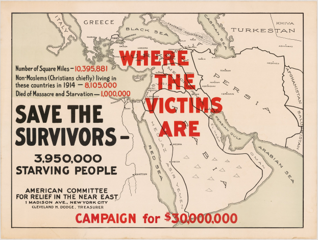 Ein Plakat mit einer Weltkarte und Text, der auf 3.950.000 hungernde Überlebende hinweist und zur Bekämpfung der Auswirkungen des Kriegs aufruft.