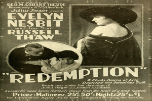 Alter Filmplakat mit dem Titel "Erlösung" mit Evelyn Nesbit und Russell Thaw, mit einem Frauengesicht in der Mitte.