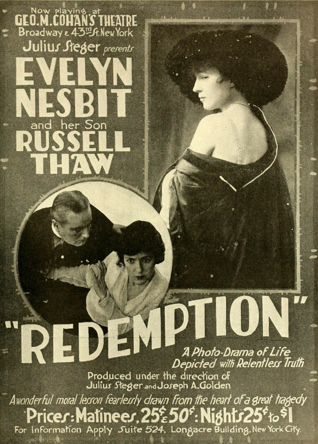 Alter Filmplakat mit dem Titel "Erlösung" mit Evelyn Nesbit und Russell Thaw, mit einem Frauengesicht in der Mitte.