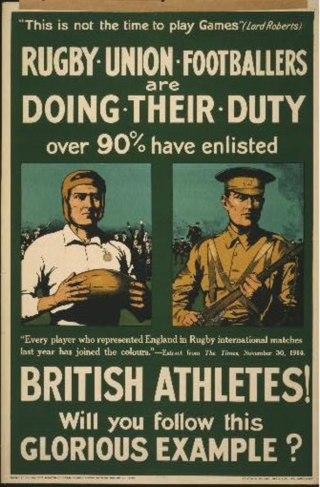 Plakat mit zwei Rugbyspielern in Uniform mit Text über britische Athleten, die zum Dienst eingezogen sind.
