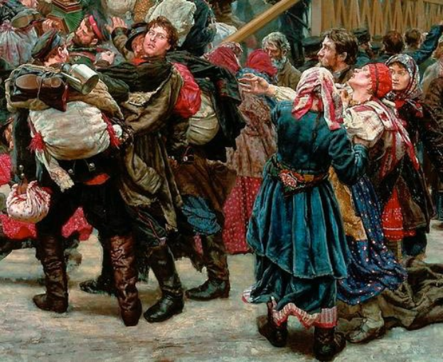Gemälde, das eine lebhafte Szene von Menschen in traditioneller russischer Kleidung während der russischen Revolution zeigt, die einige Gegenstände halten, vor einem Holzhaus und einer Menge.