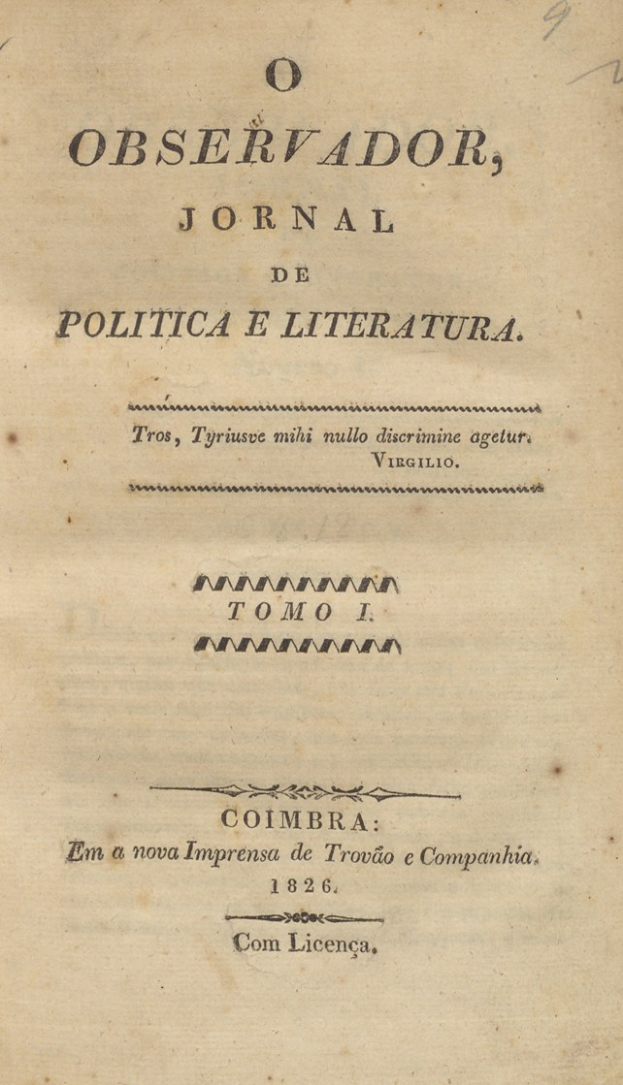 Ein altes, gelbliches Buch mit dem Titel "Observador, Jornal de Política e Literatura" in sauberer Kursivschrift auf dem Cover, das Altersspuren zeigt.