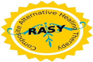 Gelbes Logo mit dem Text "Rasy Alternative Healing Therapy" auf einem weißen Hintergrund.