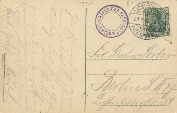 Alte Postkarte mit einer Briefmarke, die "Lichtenwald, Deutschland - Einschreiben nach Deutschland" trägt, mit handgeschriebener Text und zwei zusätzlichen Briefmarken in der rechten oberen Ecke.