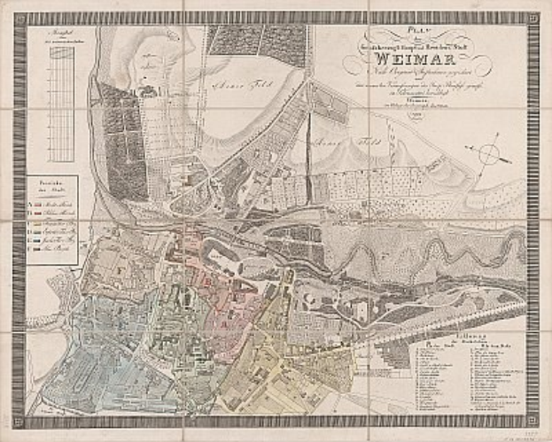 Ein detailliertes altes Stadtplan von Weimar, Deutschland, der Straßen, Gebäude und Sehenswürdigkeiten zeigt, begleitet von Text über die Bevölkerung und bemerkenswerte Merkmale der Stadt.