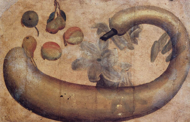 Gemälde einer Banane mit einer Blume darauf, umgeben von verschiedenen Frußchten und Blättern auf Papier, mit leuchtenden Farben und klaren Details.