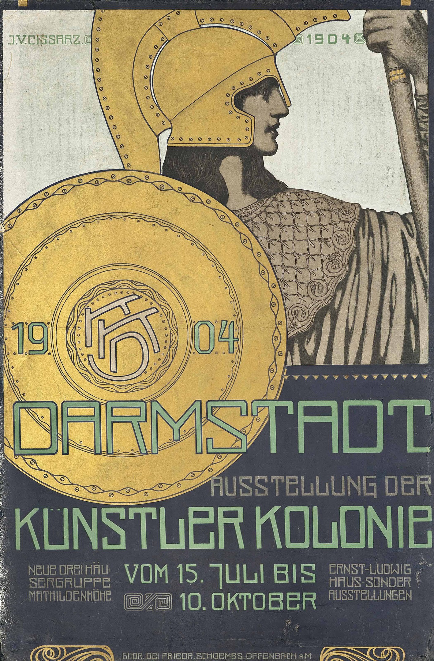 Plakat für ein 1904er Berlin-Konzert mit einem Helmbewaffneten, der ein Schild mit «Darmstadt» und «Künstler Kolonie» hält.