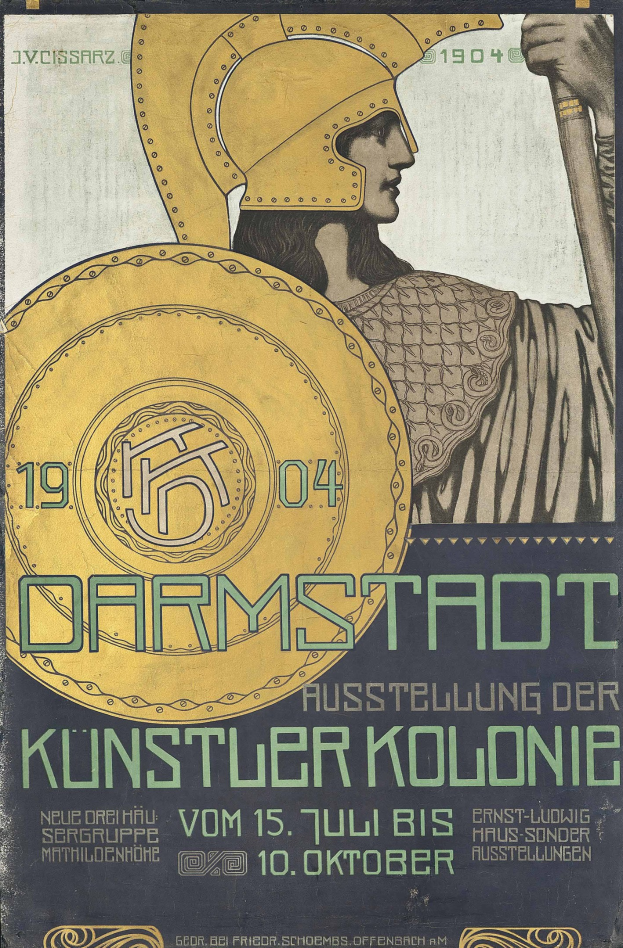 Plakat für ein 1904er Berlin-Konzert mit einem Helmbewaffneten, der ein Schild mit «Darmstadt» und «Künstler Kolonie» hält.