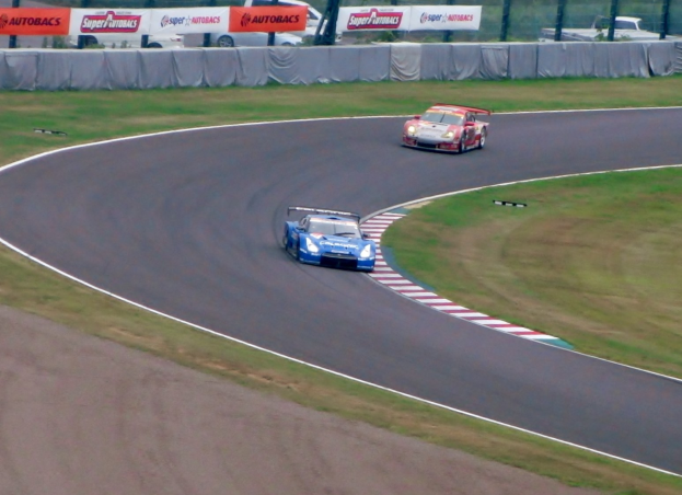 Zwei Autos auf einer grasgesäumten Rennstrecke mit Bannern, Maschendrahtzaun, Pfosten und Bäumen im Hintergrund.