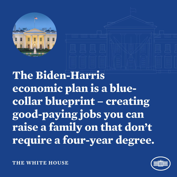 Plakat mit einem Bild des Weißen Hauses und Text, der den Biden-Harris-Wirtschaftsplan als blaue Arbeiter-Blueprint für die Schaffung von gut bezahlten Jobs präsentiert, die Familien unterstützen, ohne einen vierjährigen Abschluss zu erfordern.