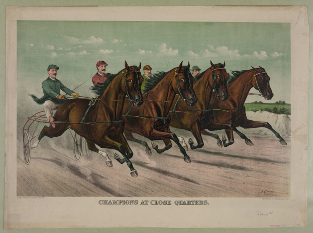 Gruppe von Menschen, die in einer von Pferden gezogenen Kutsche auf einer von Bäumen gesäumten Straße unter einem klaren blauen Himmel fahren, mit dem Text "Champions at Close Quarters" unten.