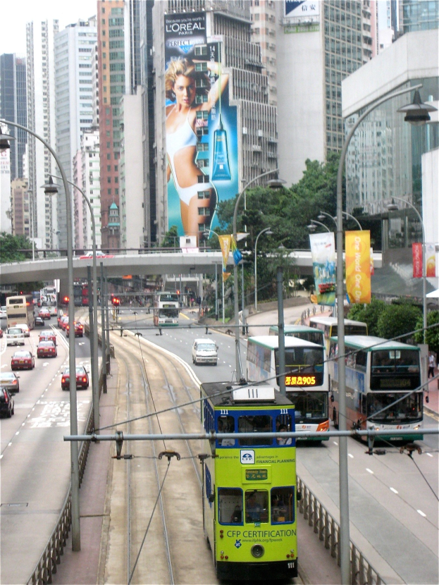 Eine belebte Stadtstraße mit verschiedenen Fahrzeugen, darunter Doppeldeckerbusse, hohen Gebäuden, einer Brücke und einem klaren blauen Himmel, mit Text am unteren Bildrand.