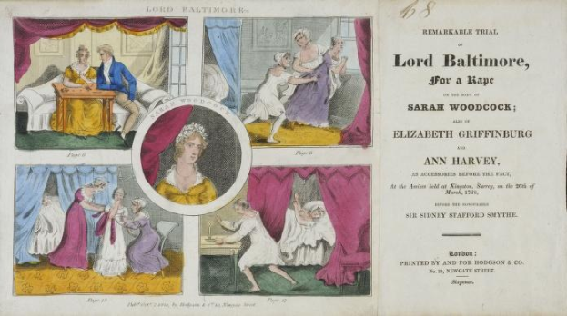 Ein historisches Dokument, das einen Prozess von Lord Baltimore wegen angeblicher Vergewaltigung zeigt, einschließlich Illustrationen von Menschen, Vorhängen und geschriebenem Text.