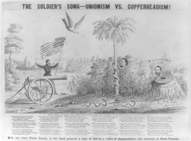 Plakat, das eine Person auf einem Kanonenrohr zeigt, die eine Fahne hält, umgeben von Vegetation, mit einer Schlange in der Nähe, betitelt mit "The Soldier's Song - Unionism vs Copperheadism".