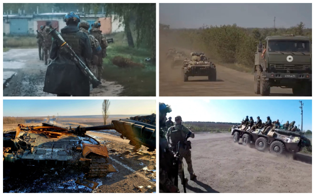 Ein Collage von vier Bildern, die ukrainische Soldaten in Aktion zeigen: eine Gruppe von bewaffneten Soldaten in einem fahrzeuggefüllten Bereich, ein Panzer auf der Straße, Soldaten in Fahrzeugen und ein zerstörtes Fahrzeug.