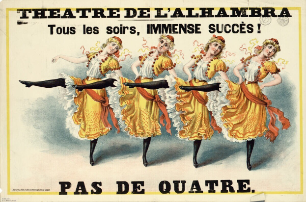 Plakat für das Theatre de l'Alhambra in Paris, das eine Gruppe von Frauen in bunten Kleidern tanzt, mit Text und strahlenden Gesichtern.