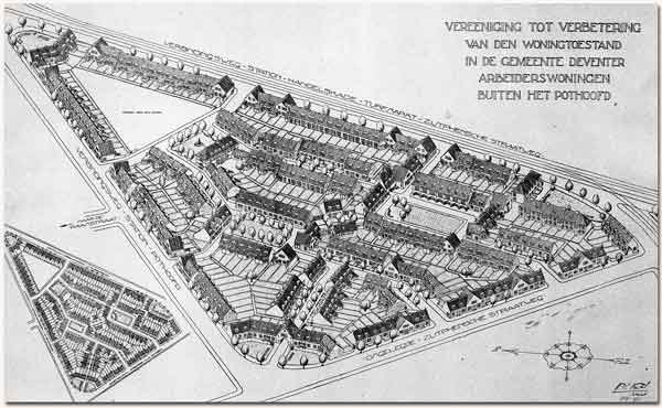 Schwarzer und weißer architektonischer Plan einer Stadt mit zahlreichen Gebäuden, wahrscheinlich ein Rathaus, einschließlich handgeschriebener Texte.