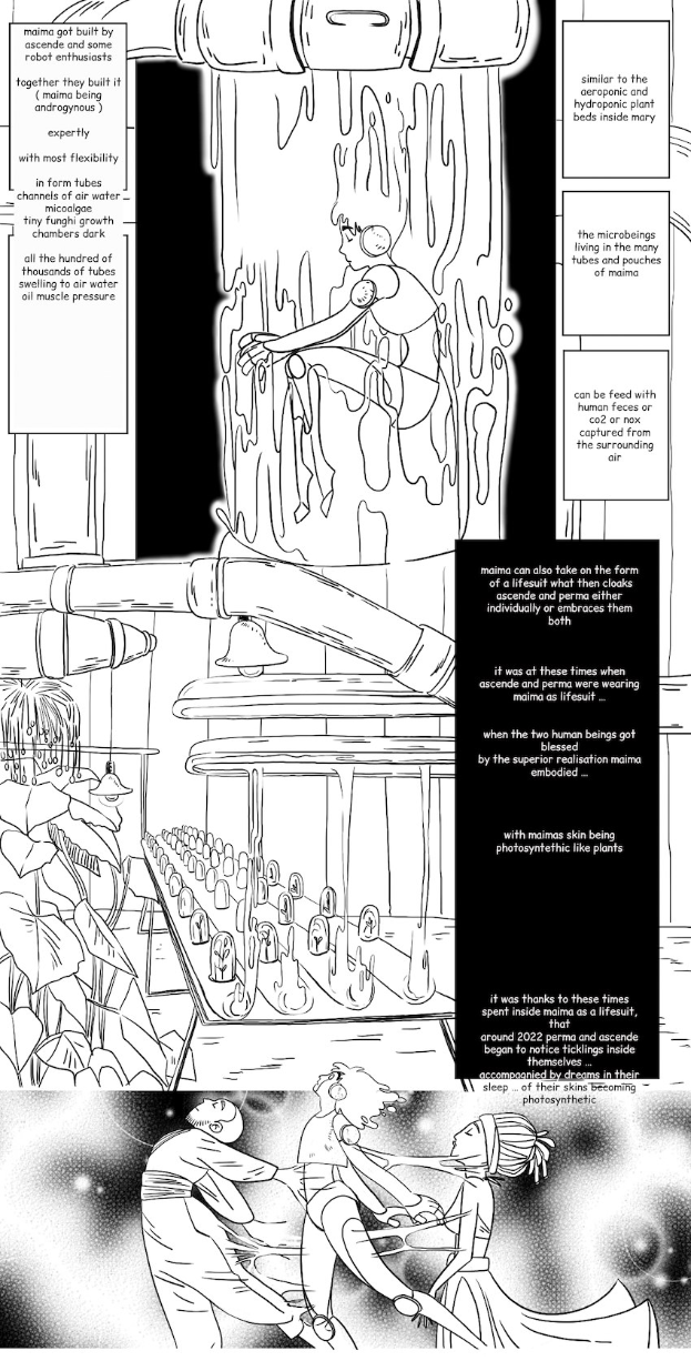 Comicseite mit zwei Charakteren in einem Raum, der Mann in einem blauen Hemd mit entschlossener Miene und die Frau, die bewundernd zu ihm aufschaut, vor dem Hintergrund eines tiefblauen Nachthimmels mit Sternen.