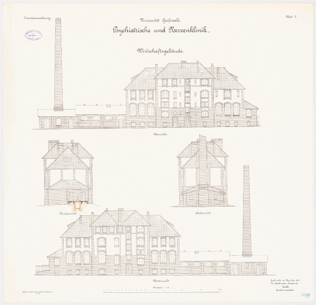 Zeichnung eines mehrstöckigen Gebäudes mit zahlreichen Fenstern und einem Schornstein, das als Psychiatrische Klinik in Deutschland identifiziert wird, mit handgeschriebener Schrift auf dem Papier.