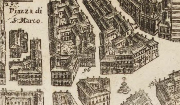 Ein detailliertes Stadtplan-Drawing mit verschiedenen architektonischen Gebäuden auf Papier mit zusätzlichem Text.