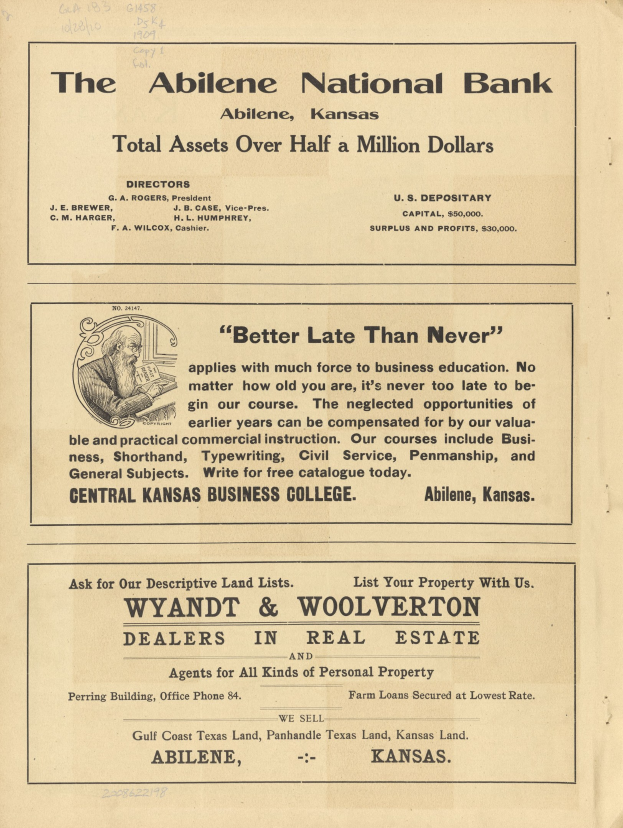 Schwarze und weiße Zeitungsanzeige für die Abilene National Bank mit einem zentralen Porträt und umgebendem Text, der Dienstleistungen beschreibt.