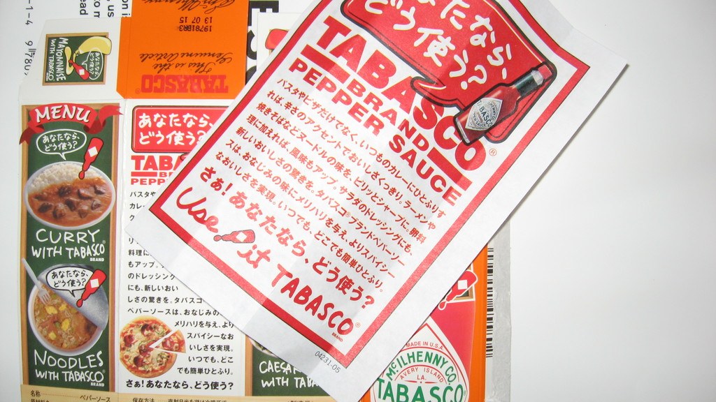 Ein Prospekt, das Pfeffersoße bewirbt, über einer Papierliste mit Currywerbungen.