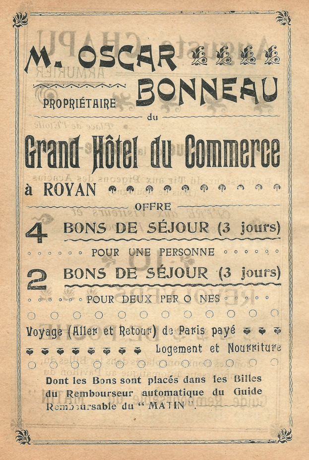 Werbung für das Grand Hotel du Commerce in Paris mit Texten, die die Hotelangebote bewerben.