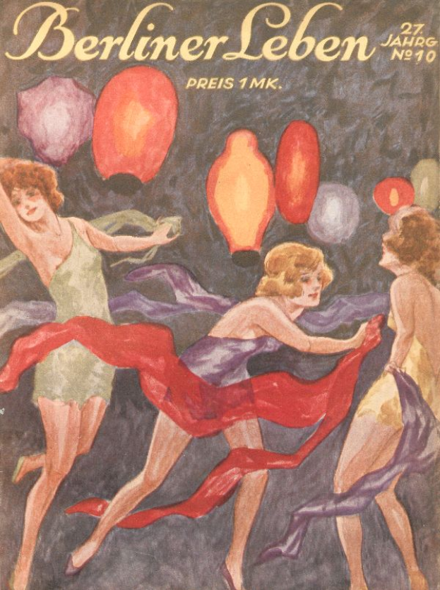 Ein Magazin-Cover mit einem Bild von drei Frauen in bunten Kleidern, die mit ausgestreckten Armen tanzen, umgeben von farbigen Ballons, mit dem Text 'Berliner Leben' auf dem Cover.