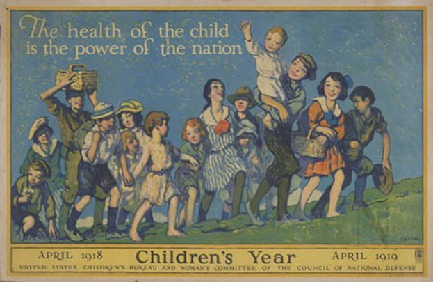 Plakat mit der Aufschrift "Die Gesundheit des Kindes ist die Macht der Nation", das eine Gruppe von Kindern zeigt, die auf dem Boden stehen und einige Körbe halten, um die Bedeutung der Kindergesundheit und die Stärke der Nation zu betonen.