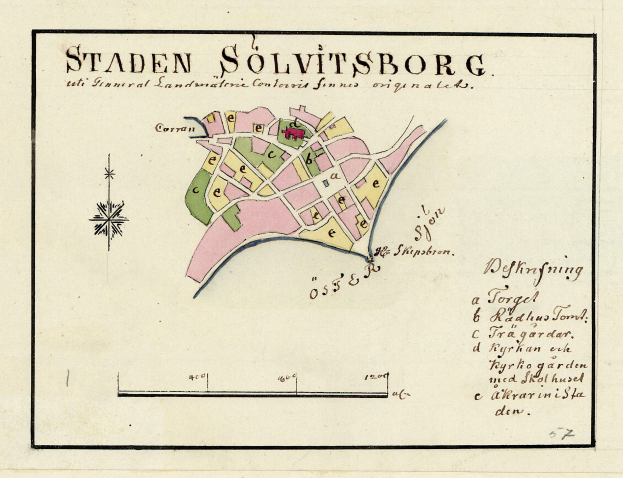 Detailierte Papierkarte von Staden Solvitsborg, Schweden, zeigt Straßen, Gebäude und Sehenswürdigkeiten mit handgeschriebener Text.